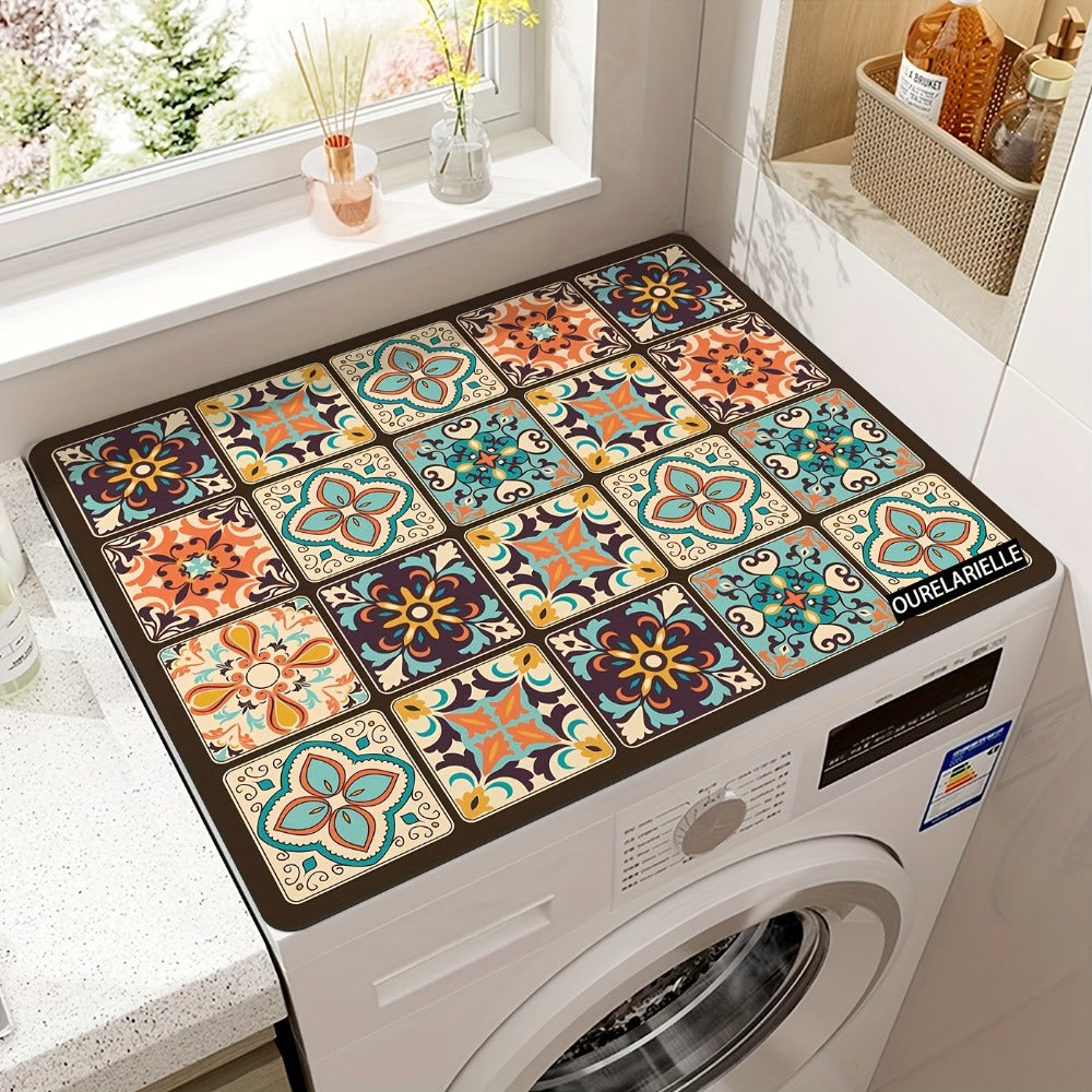 Washing Machine Cover Silicone Waterproof Decorative Plaid, 23.62x19.69 Inch Kitchen Laundry Room Top Load Washer Protector, Food-Grade Vintage Mosaic Multicolor Design Home Organization Appliance Cover