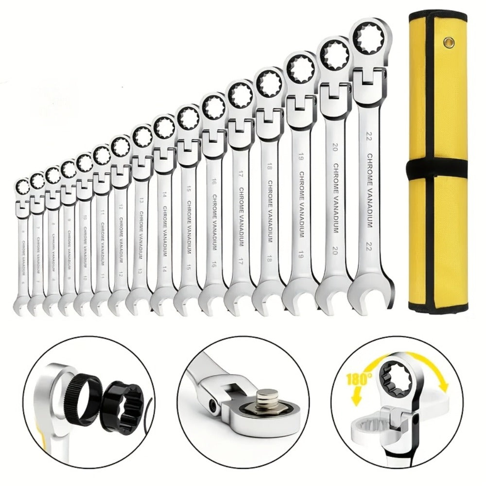 Flexible Head Ratchet Wrench Set 6-Piece ¨C 72-Tooth 180¡ã Dual-End CR-V Steel, Metric 6-10mm Double-Headed Wrenches for Auto, Motorcycle & Bike Repair, Compact Tool Kit