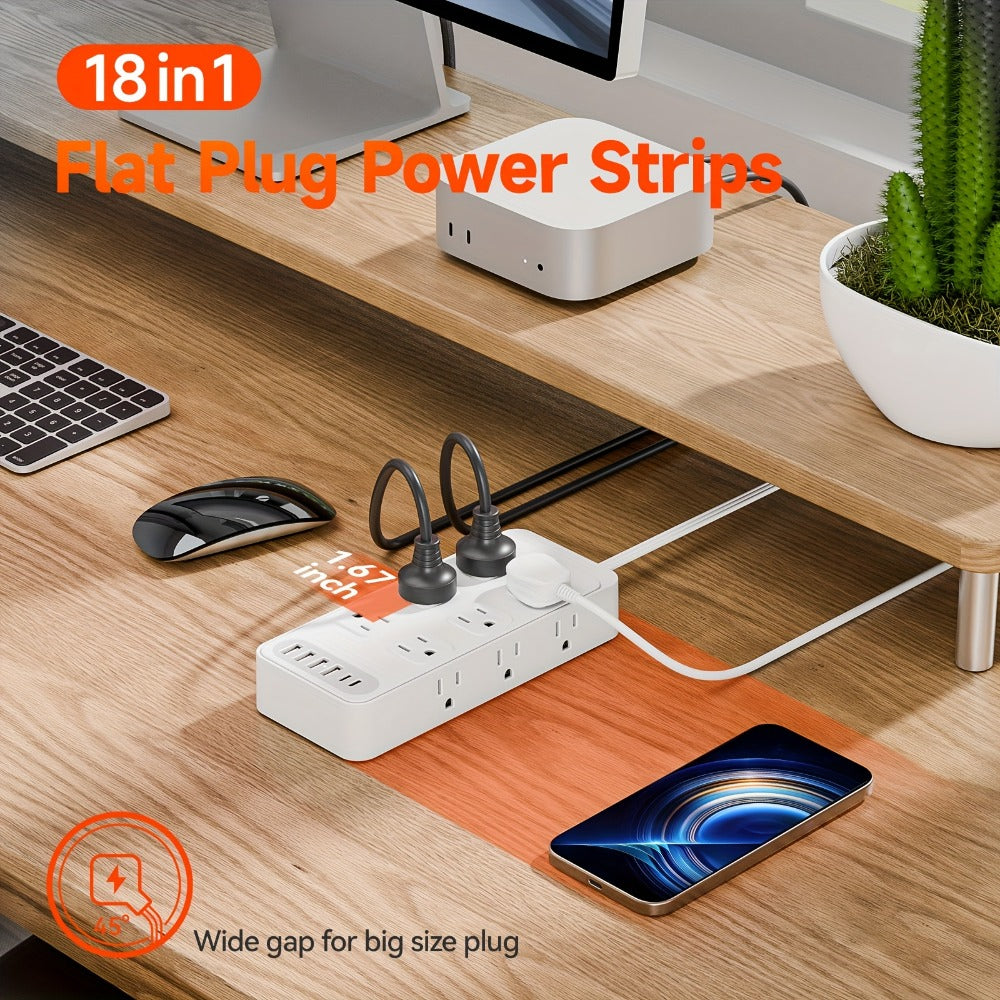 Charging Station Power Strip 18-in-1 with 12 AC Outlets 4 USB-A 2 USB-C Ports Surge Protector Flat Plug 5FT PVC Extension Cord Fire-Resistant for Home Office Travel Desk White Black