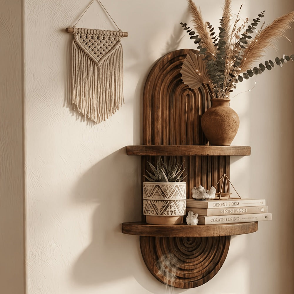 Floating Shelves Wood 2-Tier Bohemian Rainbow Arch Wall Shelf Hanging Plant Stand Flower Pot Display Rack Living Room Bedroom Kitchen Entryway Decor