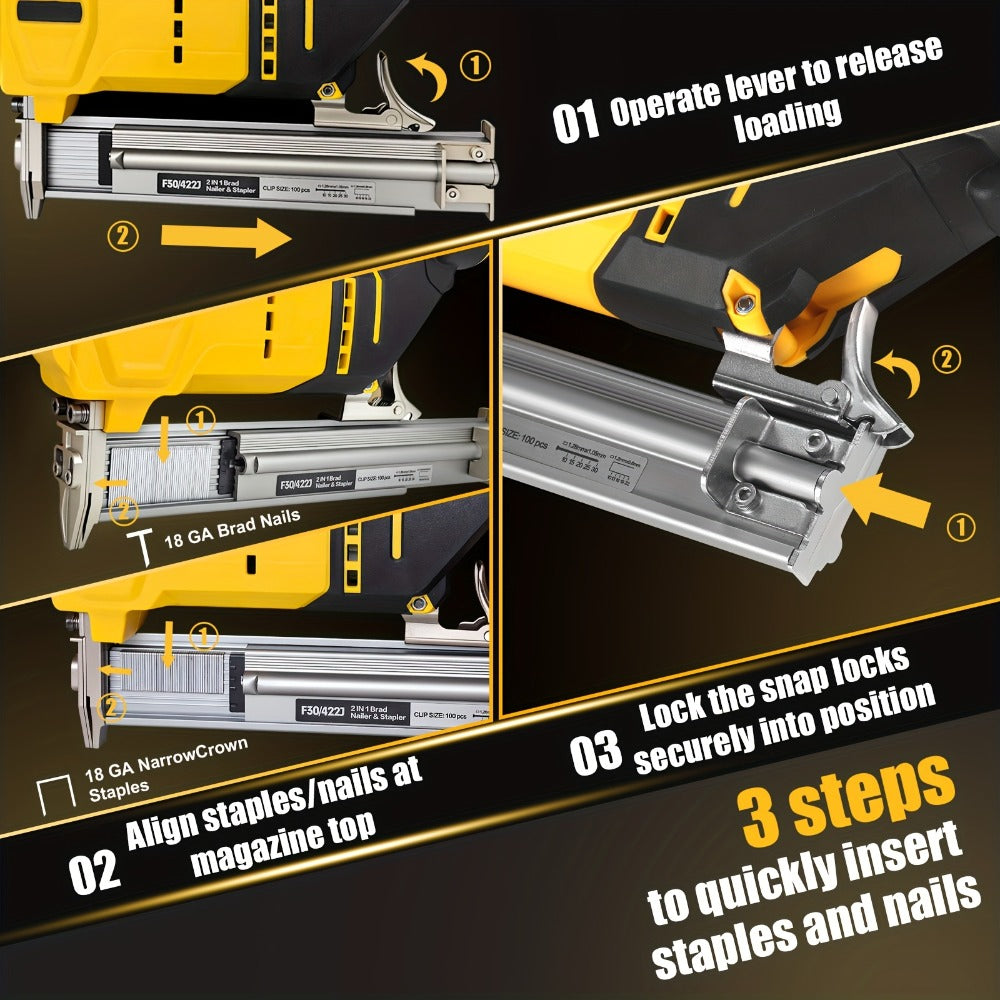 Cordless Brad Nailer and Stapler 2-in-1 Compatible with DEWALT 20V MAX Battery, Brushless Motor, Heavy-Duty Safety Lock, Fires 1-3/16¡± Nails & 7/8¡± Staples for Flooring Trim Woodworking (Tool Only)