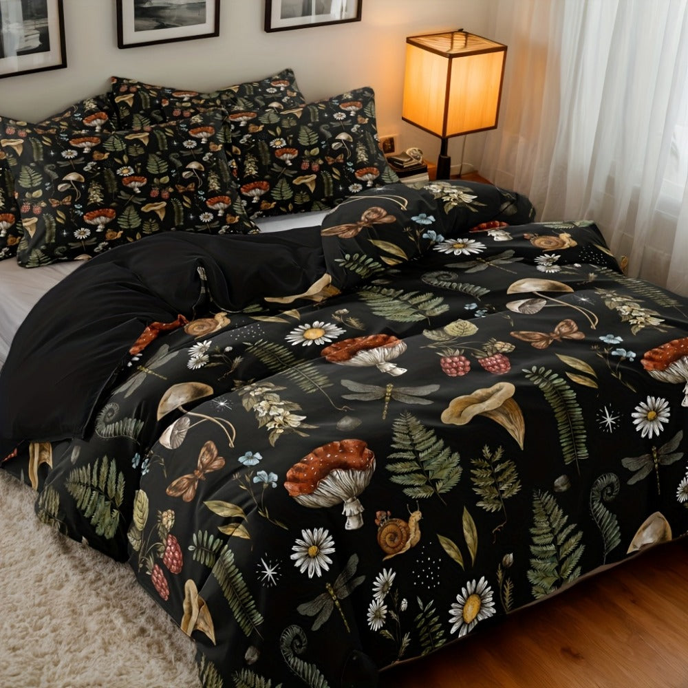 Duvet Cover Set 3-Piece Forest Mushroom Pattern ¨C Soft Polyester Bedding with Zipper Closure, Twin Full Queen King ¨C Bedroom & Guest Room