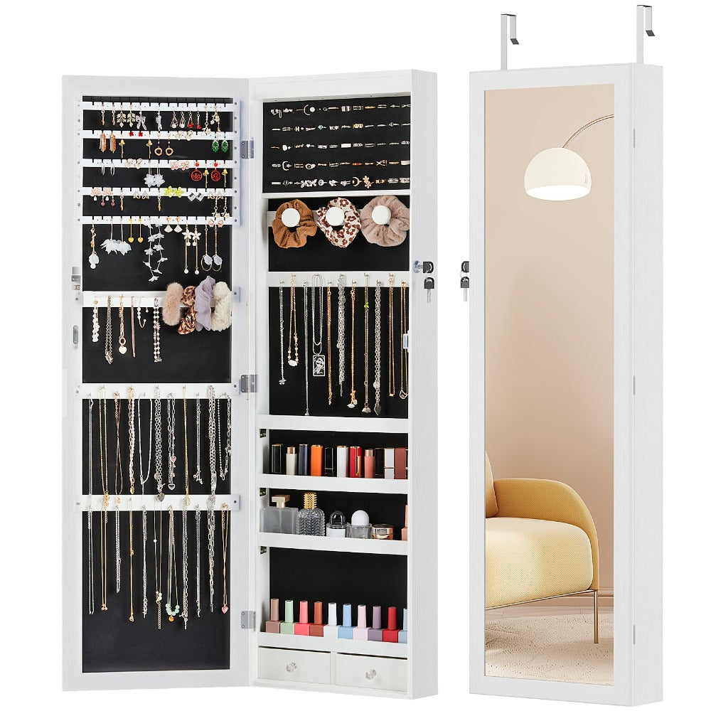 Jewelry Armoire Floor Standing 47.2¡± Full-Length Mirror Cabinet with 6 LED Lights Dual Lock, Jewelry Organizer for Necklaces Earrings Rings Bracelets, Bedroom Closet Storage 4 Colors