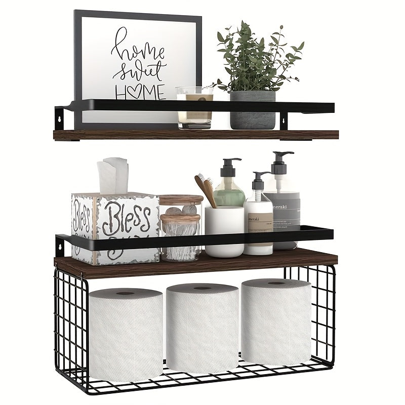 Floating Wall Shelves Set of 2 or 4 Rustic Wood and Iron Wall Mounted Shelf for Living Room Bedroom Kitchen Bathroom, Farmhouse Industrial Hanging Display Shelf for Plants Books Candles Decor