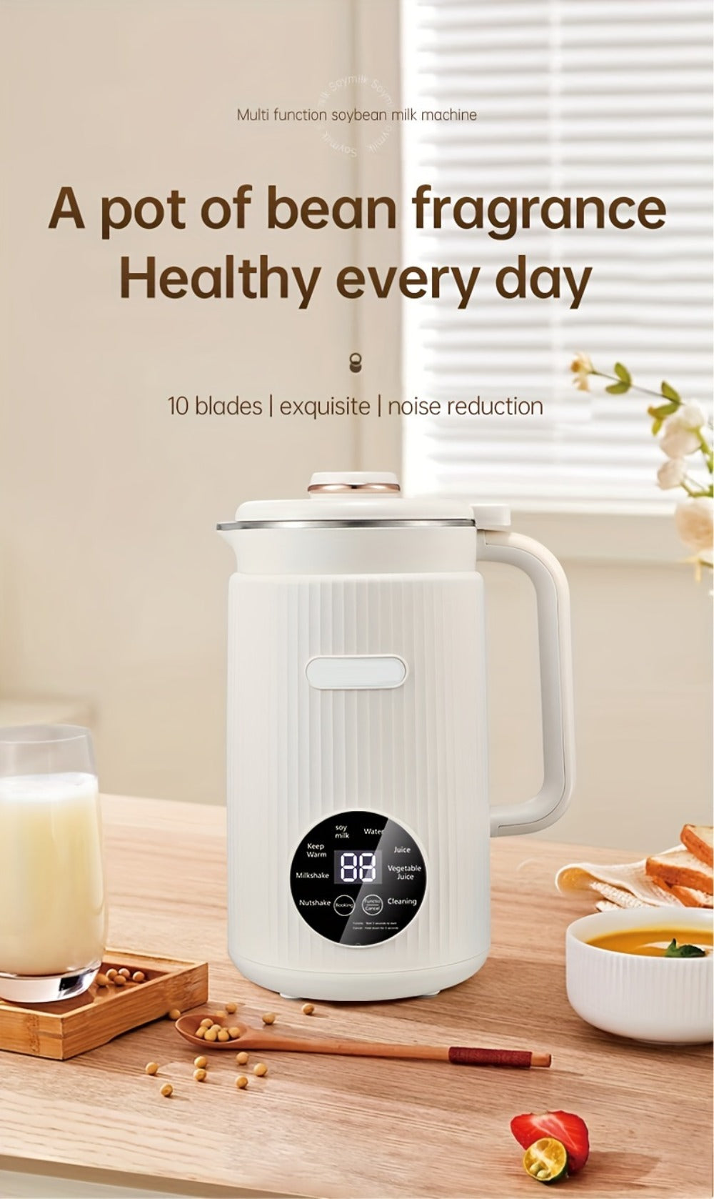 8-in-1 Nut Milk Maker 35oz 8-Blade - Almond Oat Soy Coconut Plant-Based Milk Machine with Delay Start Keep Warm Self-Cleaning Boil Water Function - Non-Dairy Beverage Blender Soy Milk Maker Beige