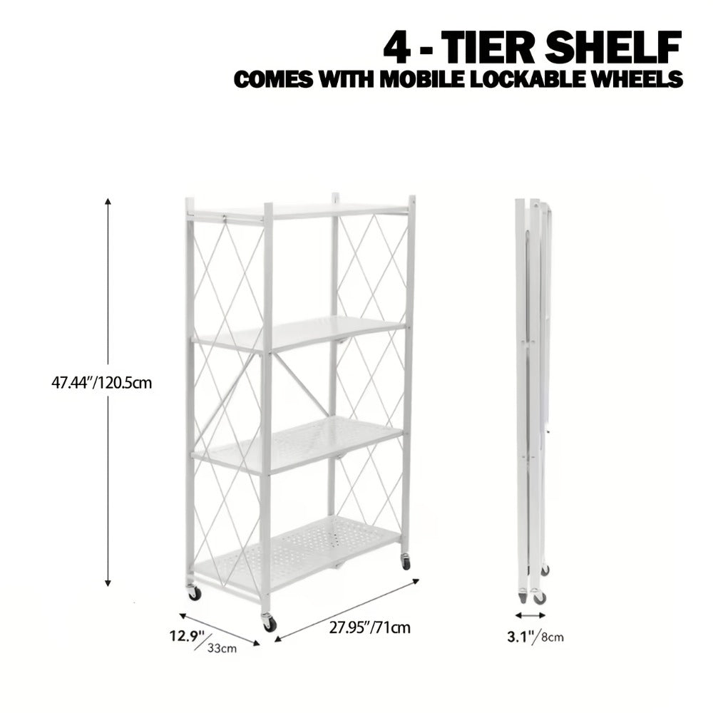 Foldable Storage Rack with Lockable Wheels 3 4 5 Tier Carbon Steel No Assembly Space Saving Floor Standing Shelf for Bedroom Balcony Garden