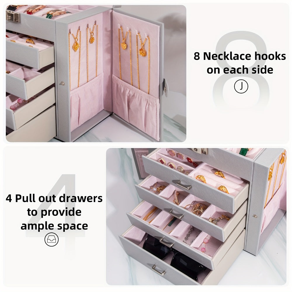 Large Jewelry Box 5-Tier PU Leather Organizer with Lock & Mirror ¨C Storage Case for Bracelets, Earrings, Rings & Necklaces
