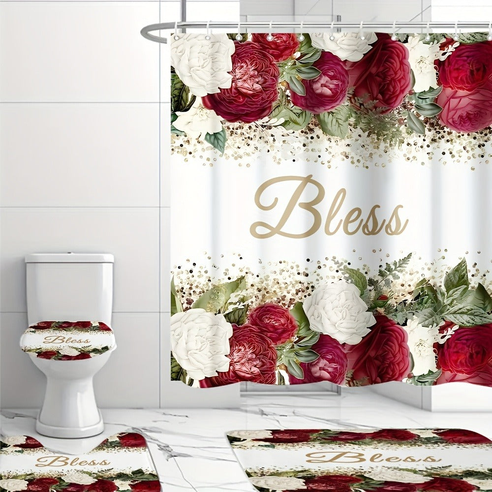 Rose Print Shower Curtain 4-Piece Bathroom Set ¨C Toilet Lid Cover Mat Machine Washable with 12 Hooks Elegant Floral Decor