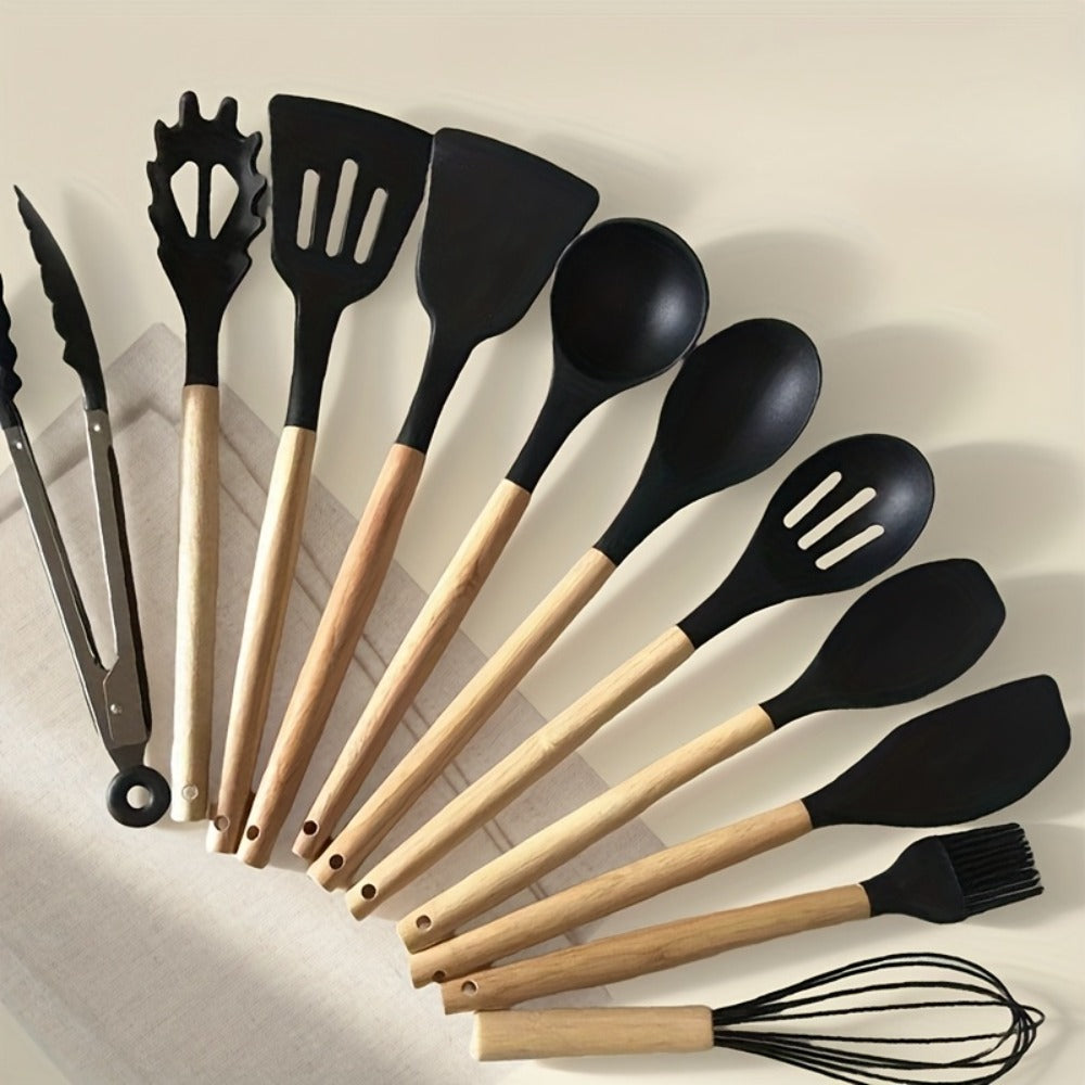 Silicone Cooking Utensils Set 35-Piece with Holder Rack Wooden Handle Heat Resistant Kitchen Tools for Non-Stick Pans ¨C Complete Kitchen Utensil Set in Multiple Colors