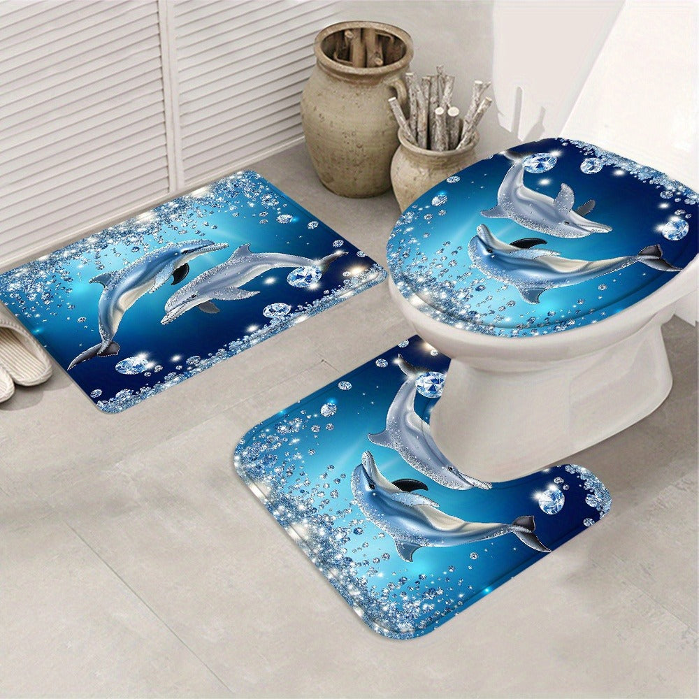 4pcs Dolphin Shower Curtain Set with Non-Slip Bath Mat, Toilet Rug & 12 Hooks ¨C Waterproof Bathroom Decor Gift Set