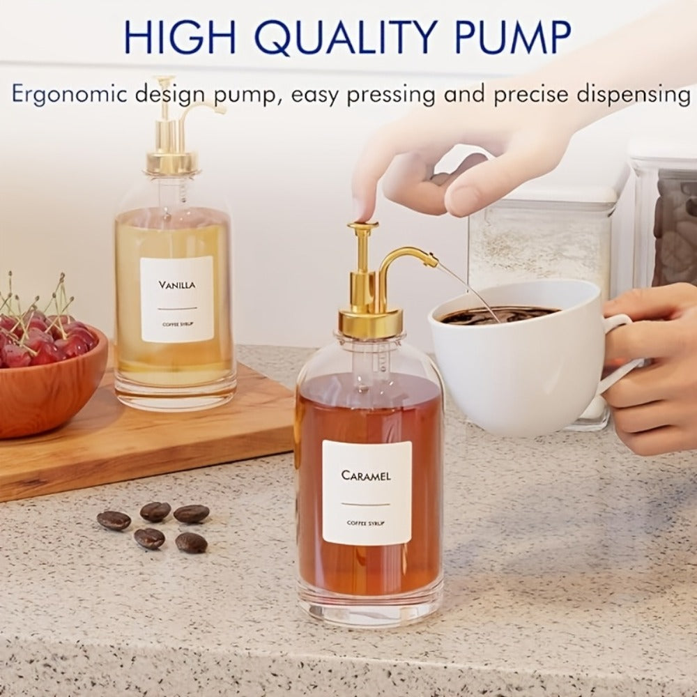 Glass Coffee Syrup Dispenser Set 4-Piece ¨C 16.9oz Pump Bottles with Labels for Coffee Bar, Kitchen Syrup Organizer, Food-Safe Dispenser for Sauces, Oils & Flavored Syrups ¨C Gold, Silver, Black
