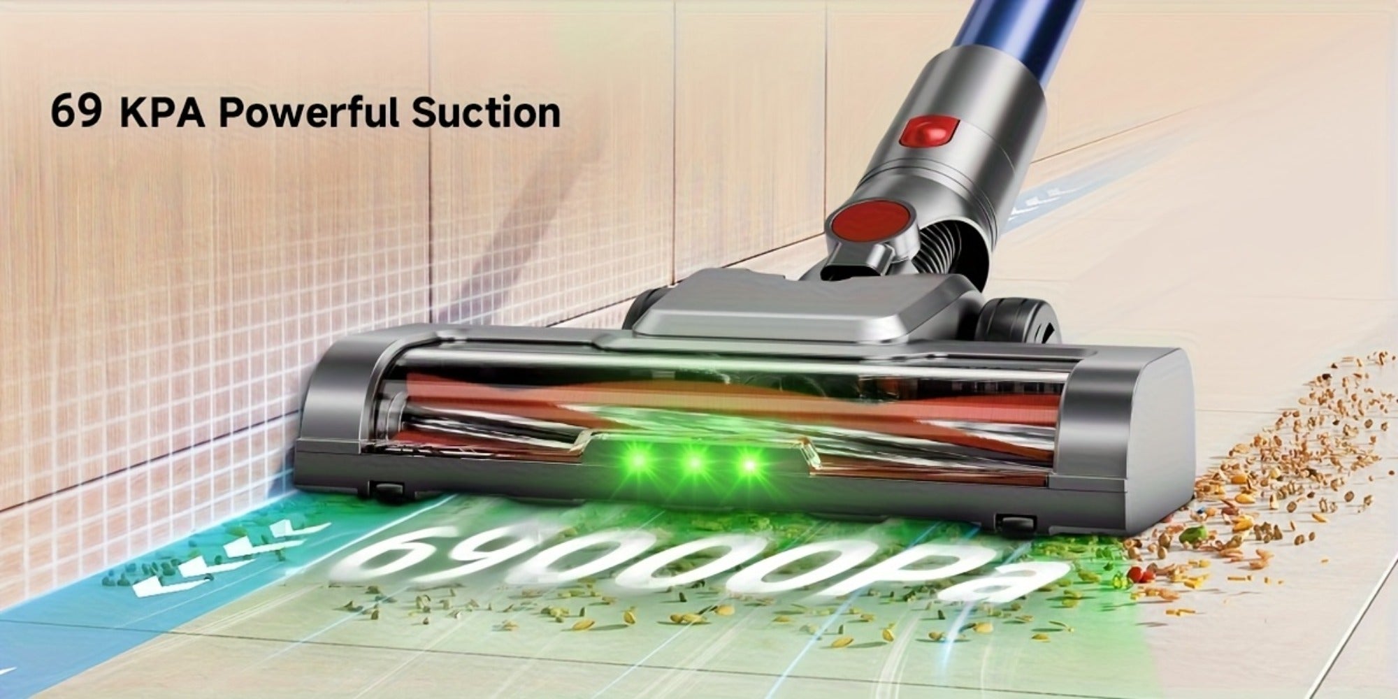 Anti-Tangle LED Vacuum Cleaner 55-69Kpa Corded & Cordless with Green LED Brush, Removable Battery & Multiple Suction Levels - Up to 45 Min Runtime for Carpets, Pet Hair & Hardwood Floors, 7 Colors