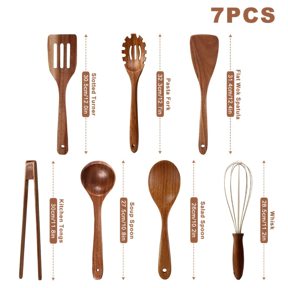 Wooden Kitchen Utensils Set 3/5/7Pcs ¨C Natural Wood Spoons, Spurtle, Ladle & Wok Spatulas for Non-Stick Pans | Heat Resistant, Ergonomic Handle, Easy to Clean