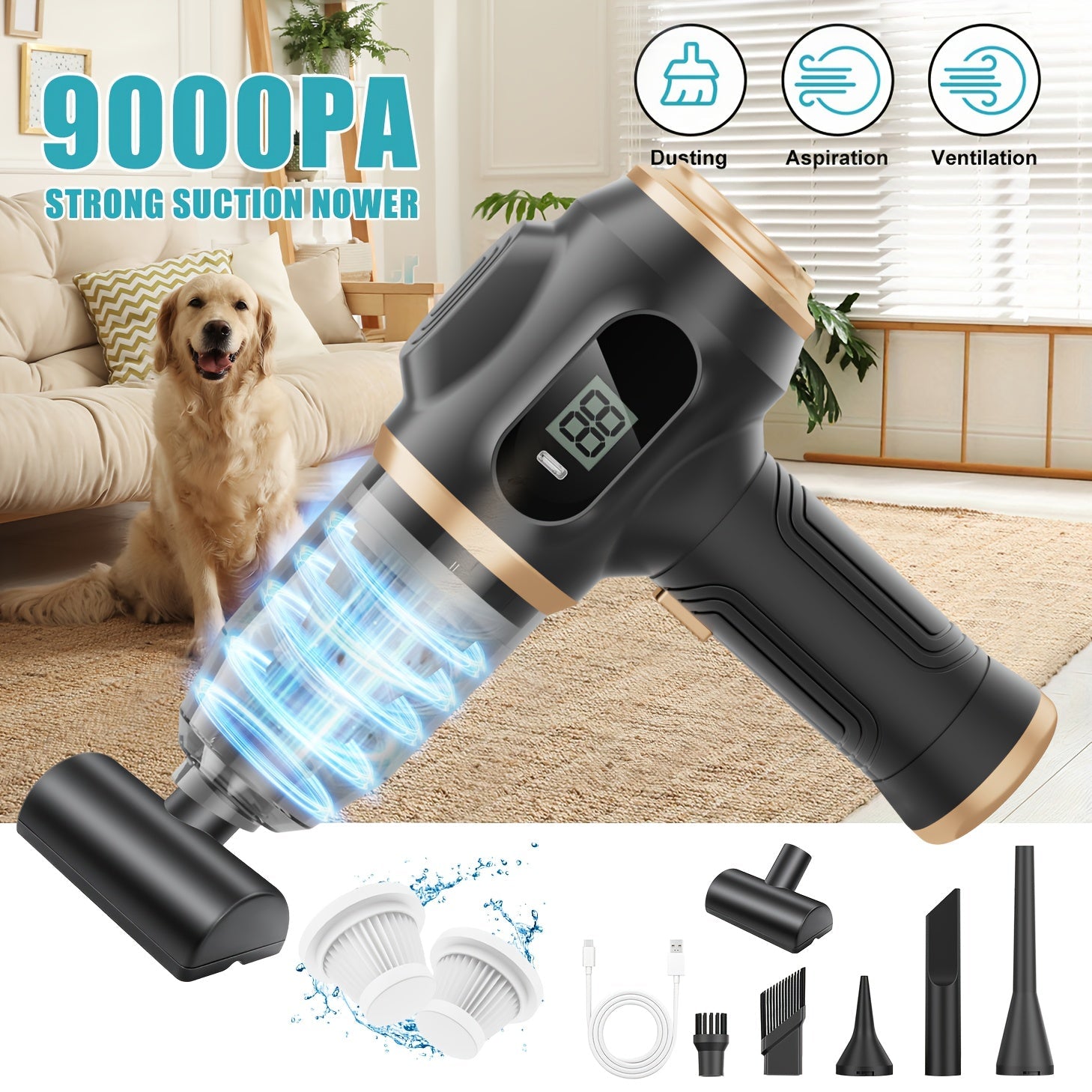 Cordless Handheld Vacuum Cleaner with LCD Display & Multi-Nozzles, 9000Pa Suction 50000RPM HEPA Filter, 2-in-1 Blow & Vacuum for Car Home Office Pet Hair Keyboard Sofa