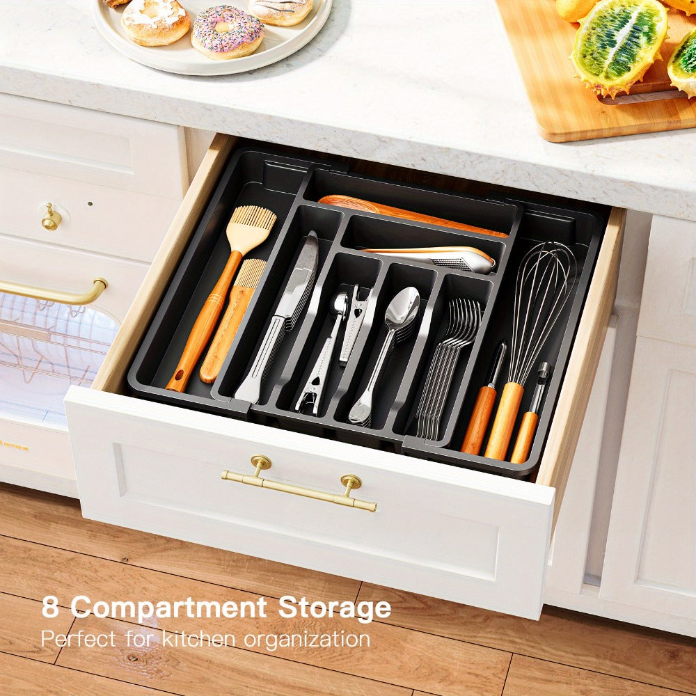 Expandable Cutlery Tray Drawer Organizer Adjustable Silverware Holder with Labels | Kitchen Drawer Organizer for Knives Forks Spoons Utensils | Bamboo & Black Drawer Divider for Kitchen Bedroom Office