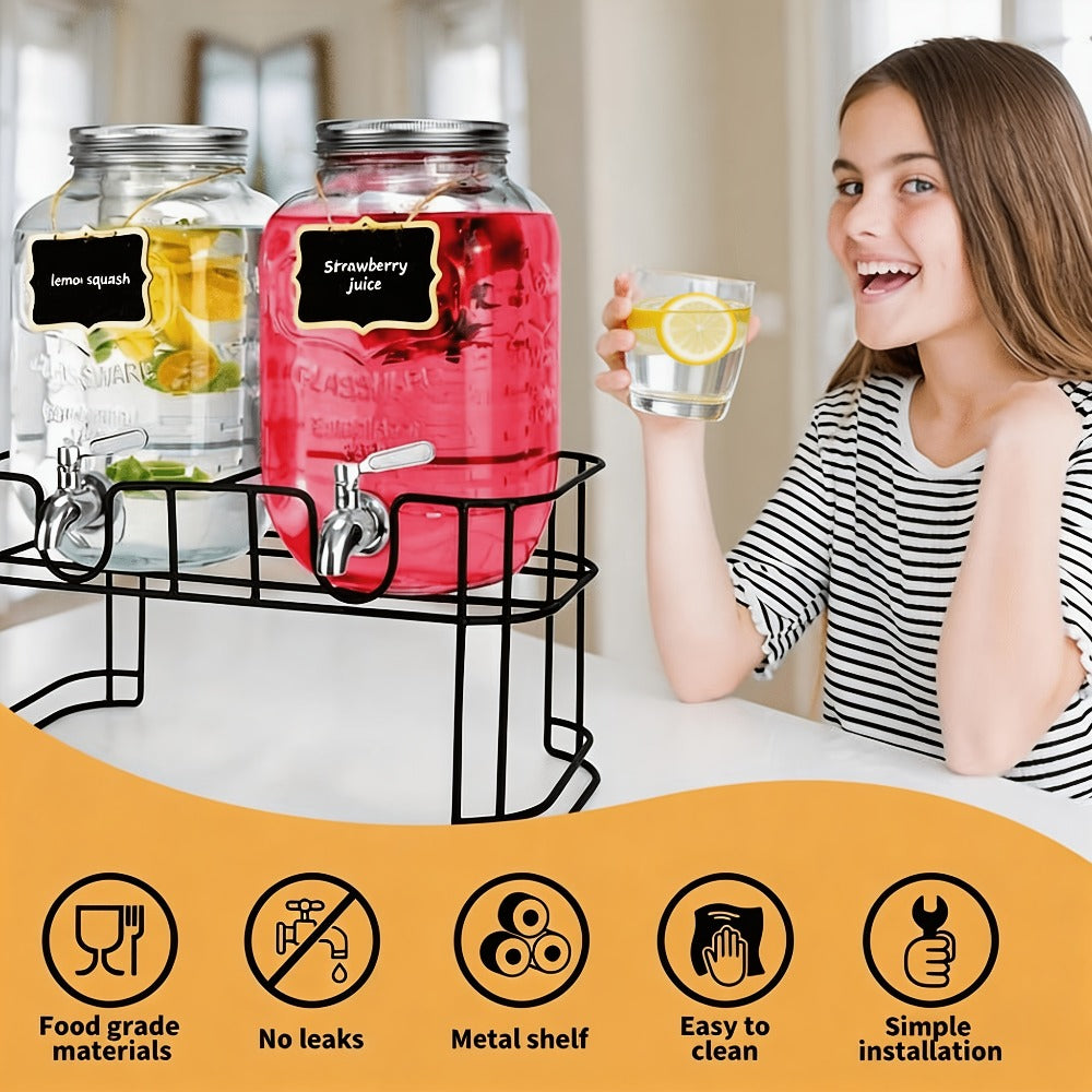 Glass Beverage Dispenser Set with Stand, 1-Gallon Square Glass Drink Dispenser with Stainless Steel Spigot & Ice Tube, Leak-Proof Lemonade Dispenser for Kitchen, Parties, Camping, 2pcs
