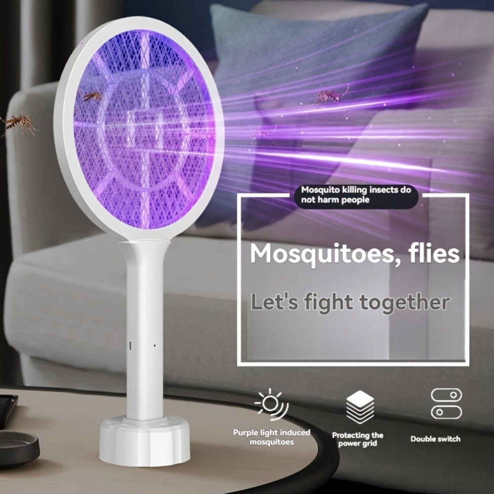 Electric Mosquito Swatter Racket Bug Zapper with LED Night Light & USB Charging, Handheld Insect Killer with Base Stand, Dual Mode Mosquito Lure Lamp for Home, Office & Outdoor Use