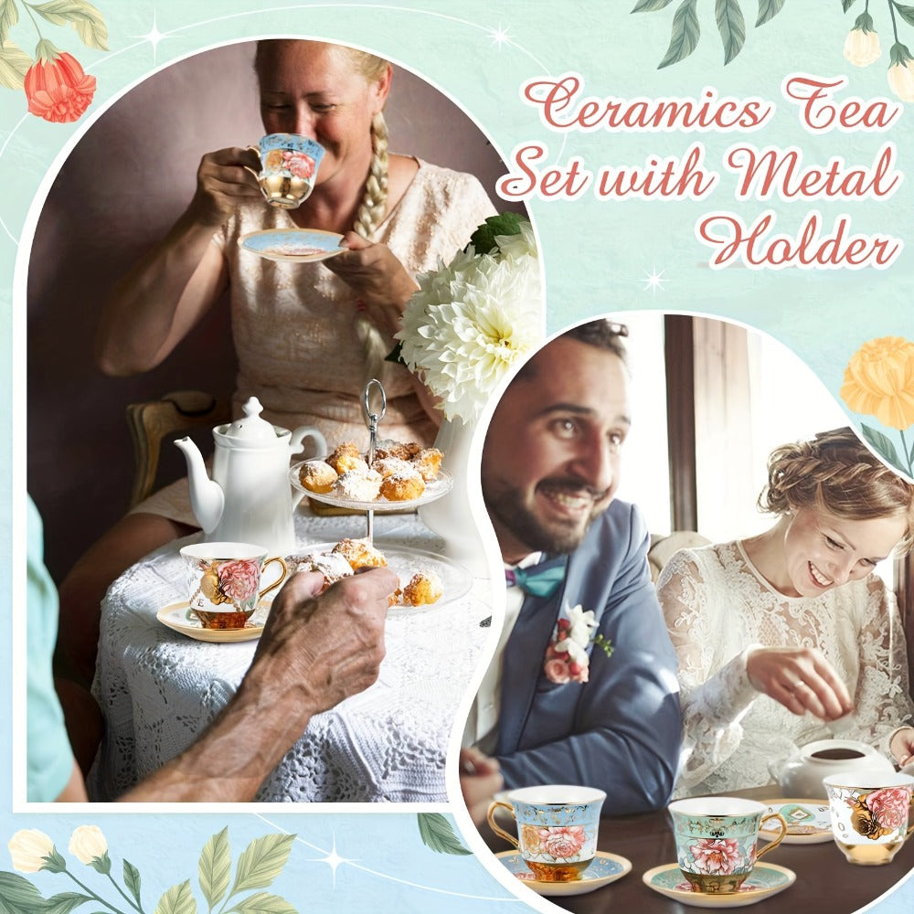 Floral Porcelain Tea Cups and Saucers Set of 12 ¨C 5.4 Oz British Style Tea Party Cups ¨C Classic Elegant Gift for Women ¨C Perfect for Birthday, Mother's Day, Church & Tea Parties