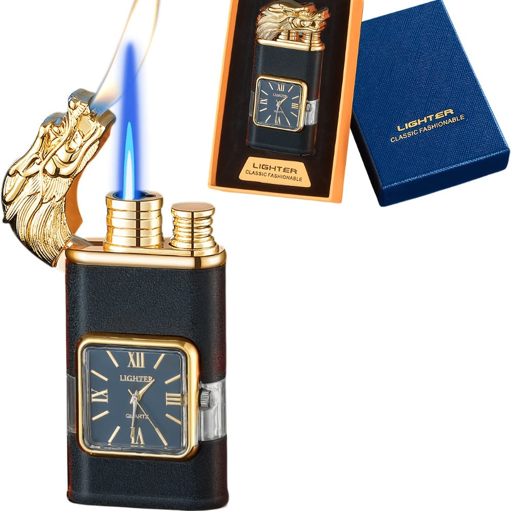 Double Flame Torch Lighter for Men ¨C Windproof Refillable Butane Lighter with Vintage Quartz Dial, Zinc Alloy Body, Gift Box Included, Outdoor Camping BBQ Survival, Unique Engraved Style (Butane Not Included)