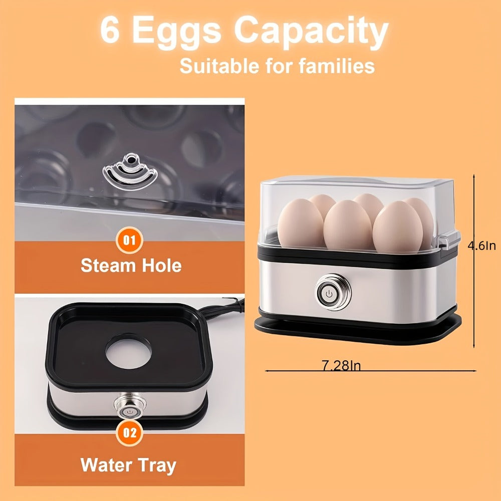 Rapid Electric Egg Cooker 6-Egg Capacity, 304 Stainless Steel Egg Boiler & Steamer for Hard, Medium & Soft Boiled Eggs, Auto Shut-Off with Audible Alarm, Compact Egg Poacher for Home Kitchen, Black