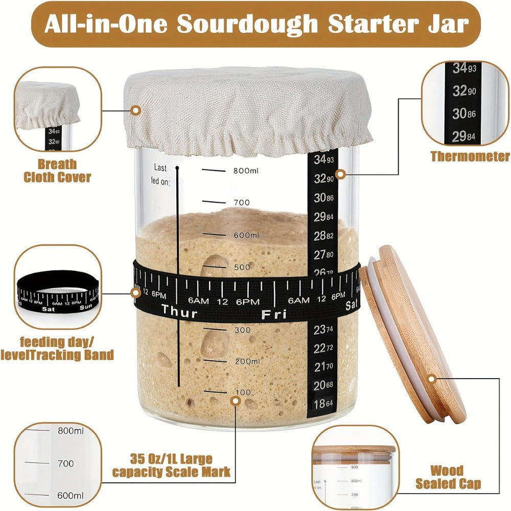Sourdough Starter Jar 24oz with Lid & Accessories Kit | Glass Bread Starter Container with Silicone Scraper, Thermometer Strip, Date Feeding Band, Cloth Cover & Wood Lid ¨C Reusable Fermentation Jar