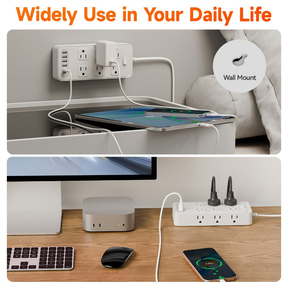 Charging Station Power Strip 18-in-1 with 12 AC Outlets 4 USB-A 2 USB-C Ports Surge Protector Flat Plug 5FT PVC Extension Cord Fire-Resistant for Home Office Travel Desk White Black