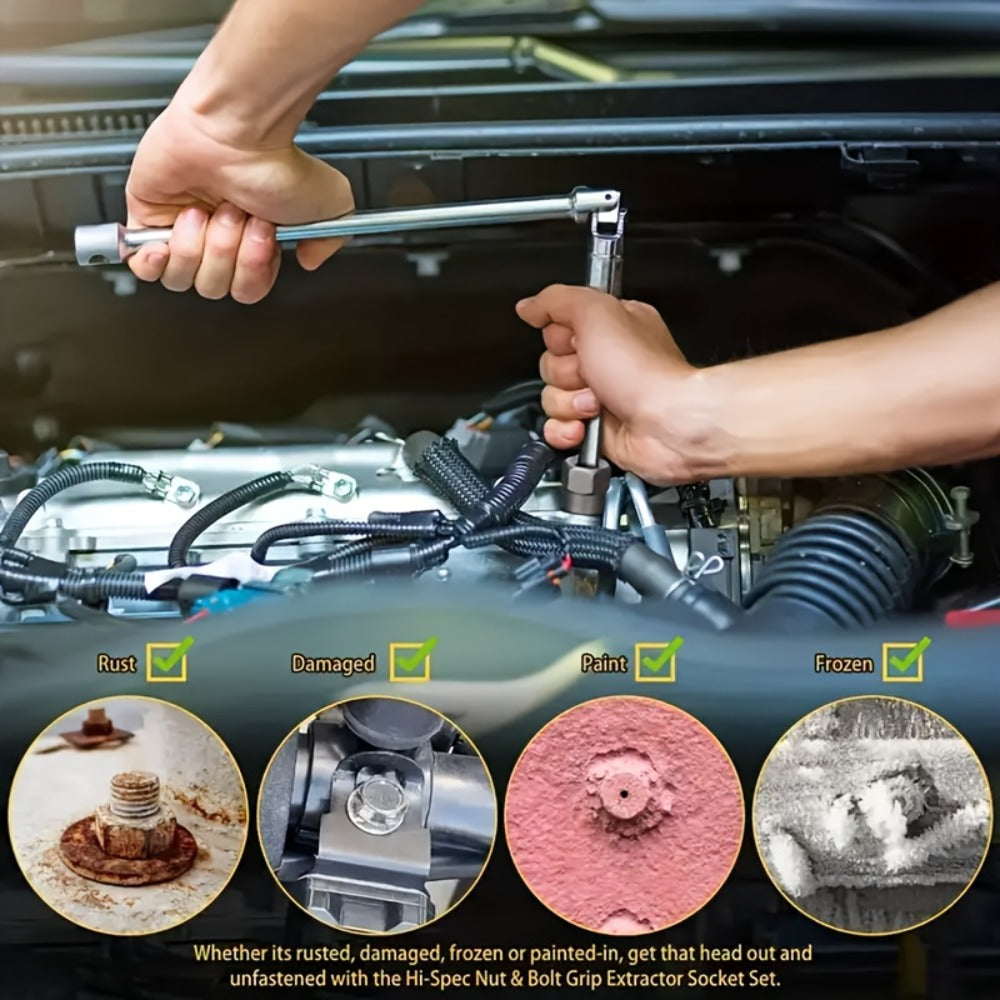 Nut Extractor Kit 14pcs, Damaged Bolt & Nut Remover Set with 13 Stripped Nut Extractors & 1 Hex Socket Adapter, 1/4¡± to 3/8¡± Drive Lug Nut Removal Tool for Construction, Auto & Home Repair