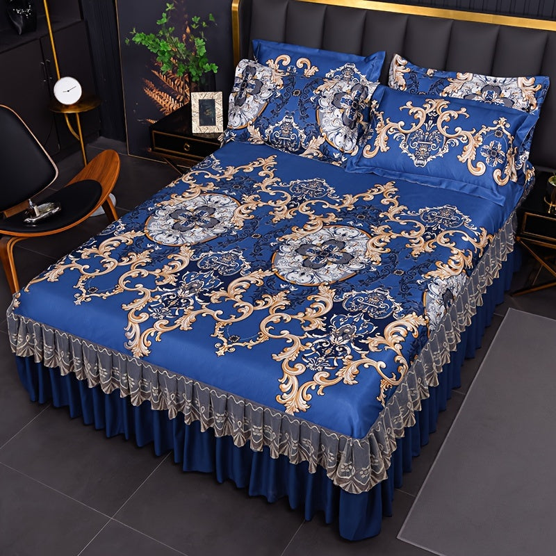 Floral Ruffle Bed Skirt Cool Mat 3 Piece Set with Pillowcase, Double Layer 360¡ã Full Wrap Washable Cooling Mattress Cover, Breathable Summer Bedding Set for Twin Full Queen King, Parisian Romantic Floral