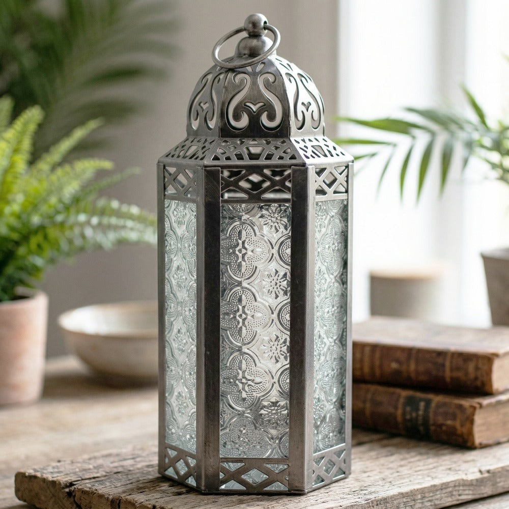 Moroccan Candle Lantern Holder - Decorative Metal & Glass Lantern with Embossed Floral Design for Indoor Home Decor, Garden, Patio, Weddings, Ramadan, Halloween & Holiday Celebrations - 10.5¡± Tall Medium Size