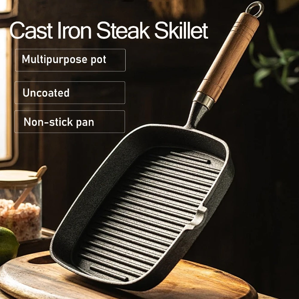 Cast Iron Grill Pan with Non-Stick Surface & Striped Design ¨C Thick Wooden Handle Skillet for Steak, Meat, Pancakes & Eggs | Gas Stove, Home & Outdoor Camping Cookware