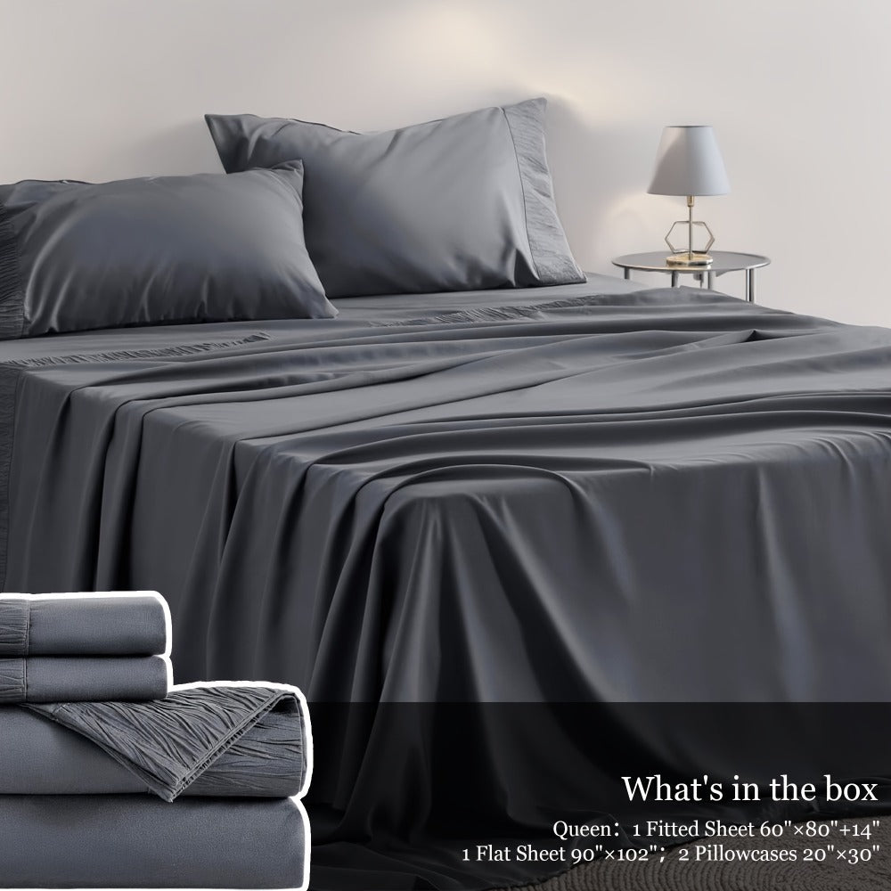 Bed Sheet Set 4-Piece Soft Breathable Cooling Sheets - Flat Sheet, Fitted Sheet & 2 Pillowcases, Wrinkle-Free Hotel Luxury Bedding, All Season Comfort