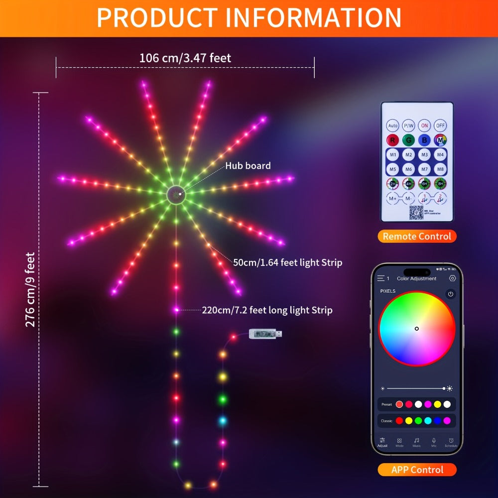 LED Fireworks Light Strip RGB Color Changing - Smart Ambient Light Bar with Infrared Remote Control & Music Sync, 16 Million Colors for Bar, Party, Christmas, Halloween & Home Room Decoration