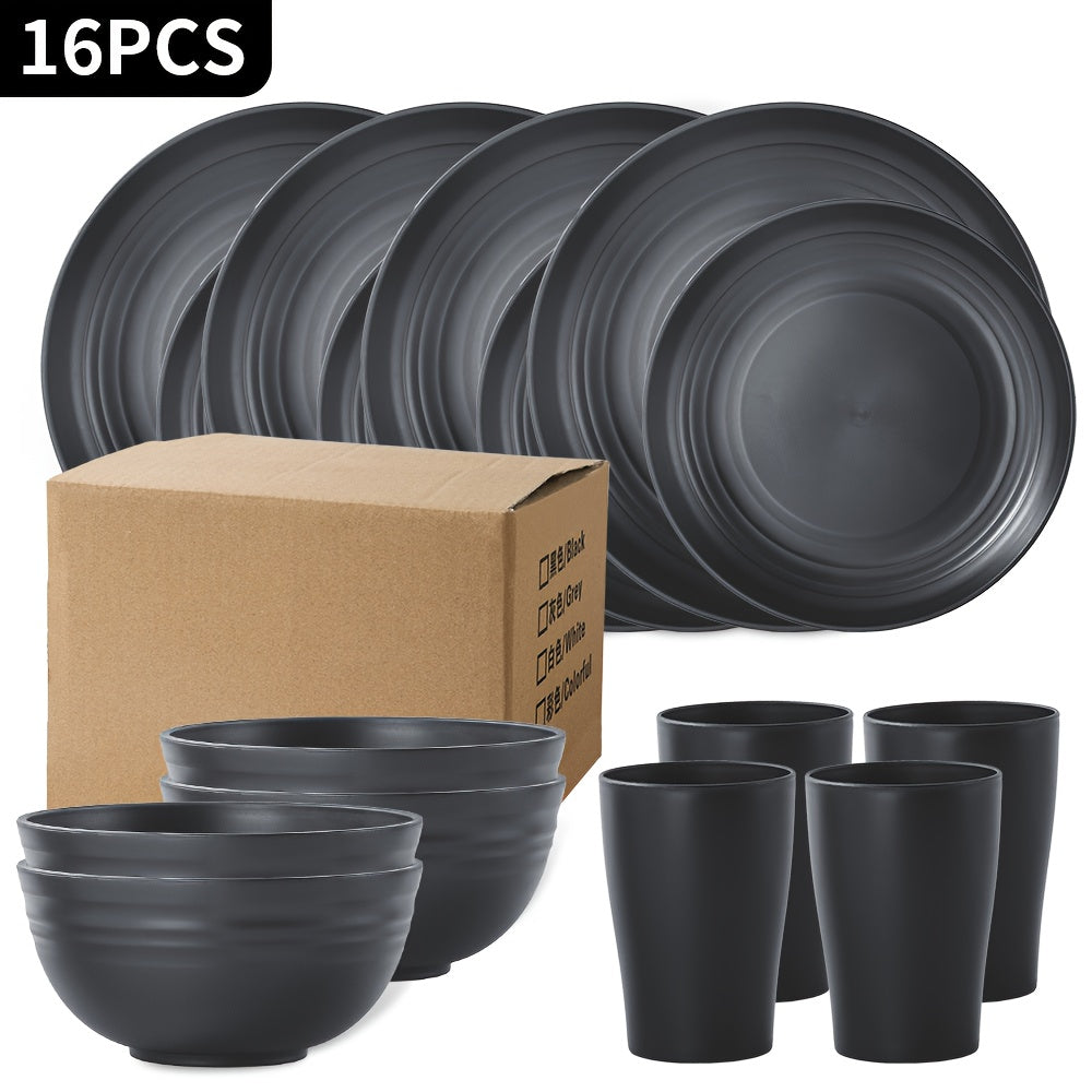 Wheat Straw Dinnerware Set 32/16pcs, Unbreakable Plastic Plates Bowls Cups, Colorful Outdoor Camping Dishes Service for 8