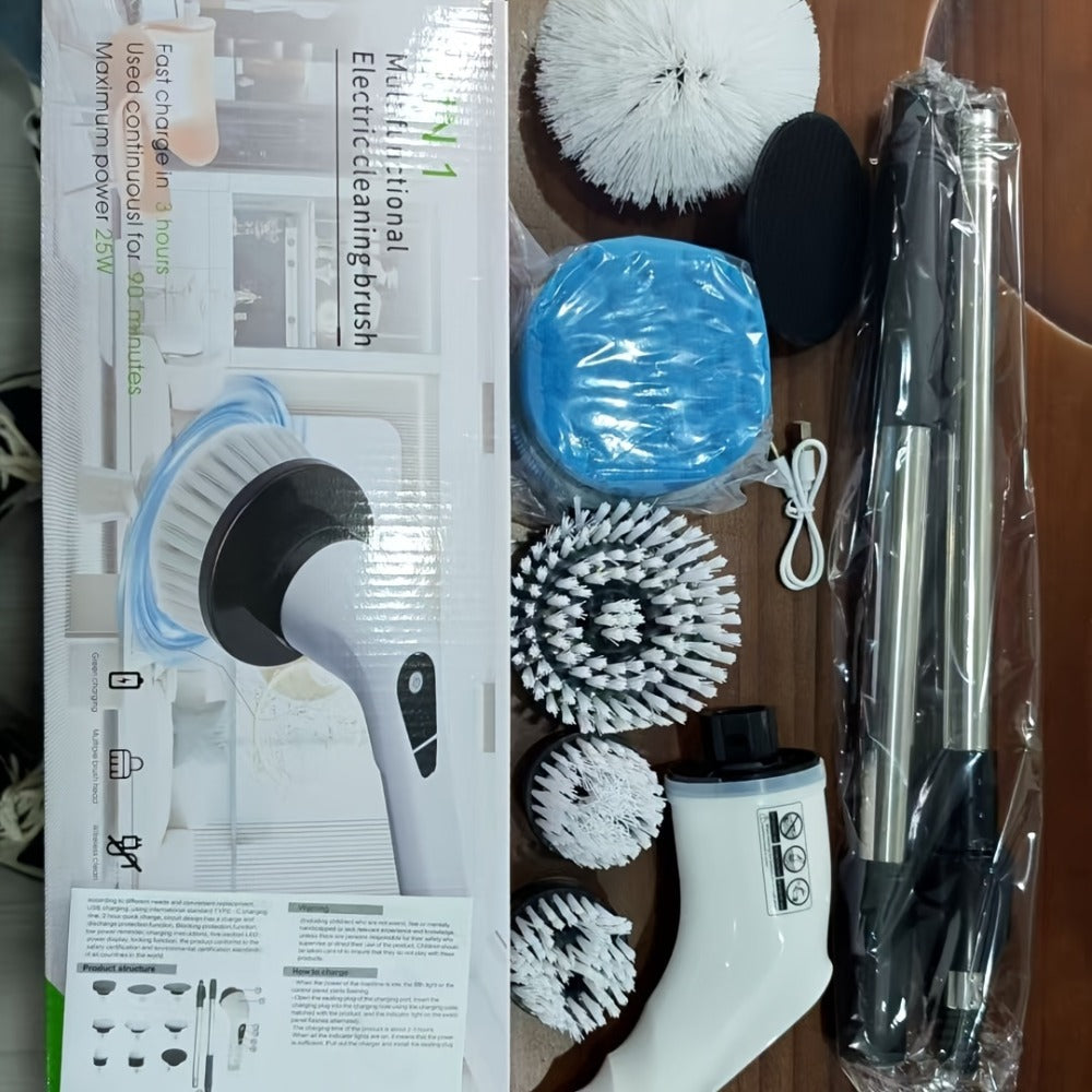 Electric Spin Scrubber with 9 Interchangeable Brush Heads 5 Speed Settings & 3 Extendable Handles - Power Scrubber for Bathroom Kitchen Tile Floor Carpet, Cordless Rotary Cleaning Brush Green White