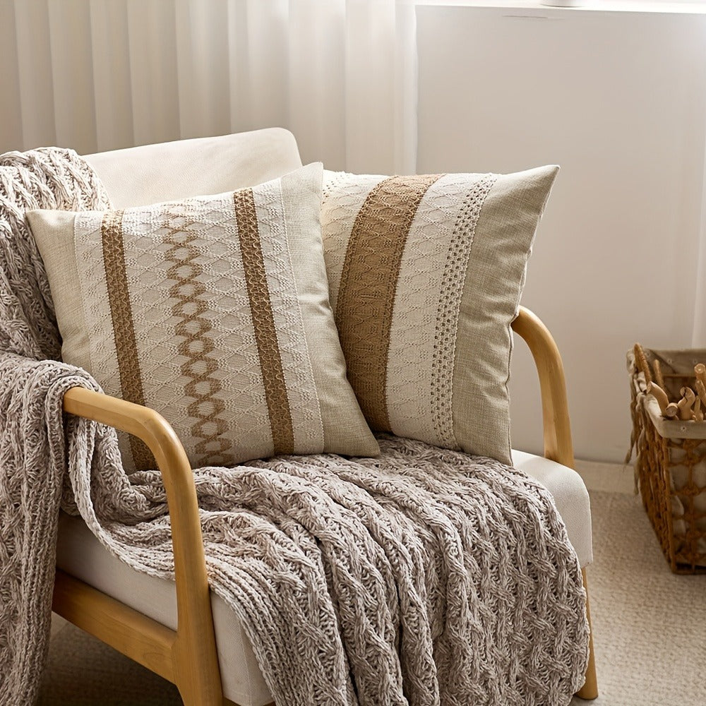 Throw Pillow Covers 2 Pack Boho Geometric Brown Beige 18x18 ¨C Bohemian Decorative Pillow Cases with Zipper Closure ¨C Soft Polyester Cushion Covers for Sofa Couch Bedroom Living Room Boho Home Decor