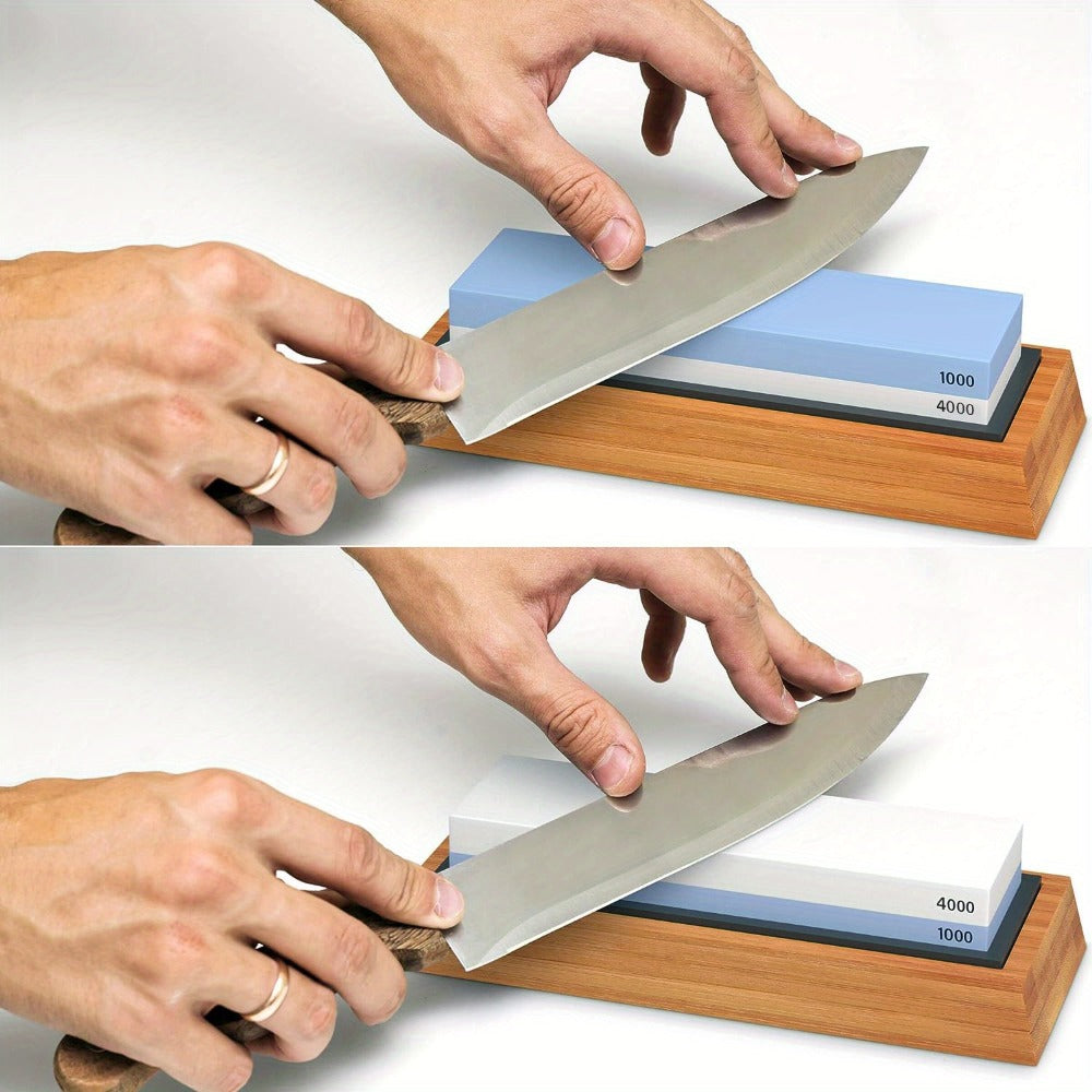 Knife Sharpening Stone 1000/4000 Grit Whetstone Set with Non-Slip Bamboo Base and Angle Guide - Dual Grit Whetstone Knife Sharpener for Kitchen Knives Chef Blades Scissors