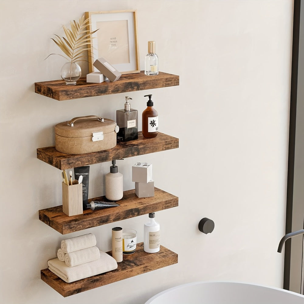 Floating Shelves for Wall 4pcs 15.8in ¨C Wall Mounted Shelf with Invisible Bracket for Bathroom, Living Room, Bedroom, Kitchen, Office Decor | Brown, White, Black
