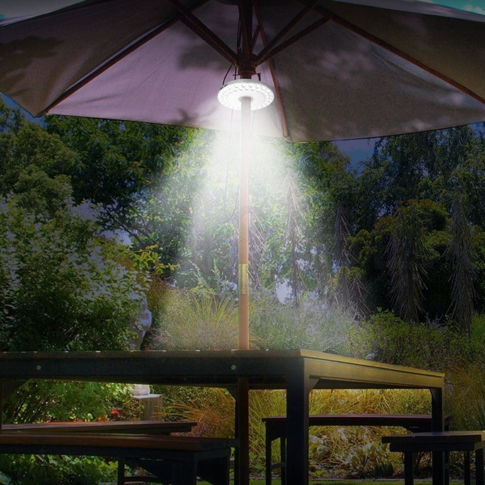 Patio Umbrella Light Battery Powered 48 LED ¨C 3 Brightness Modes Portable Outdoor Camping Light with Hook | 30-Hour Runtime for Patio, Garden, Beach, Tent & BBQ | Emergency Lantern Pole Light Gray