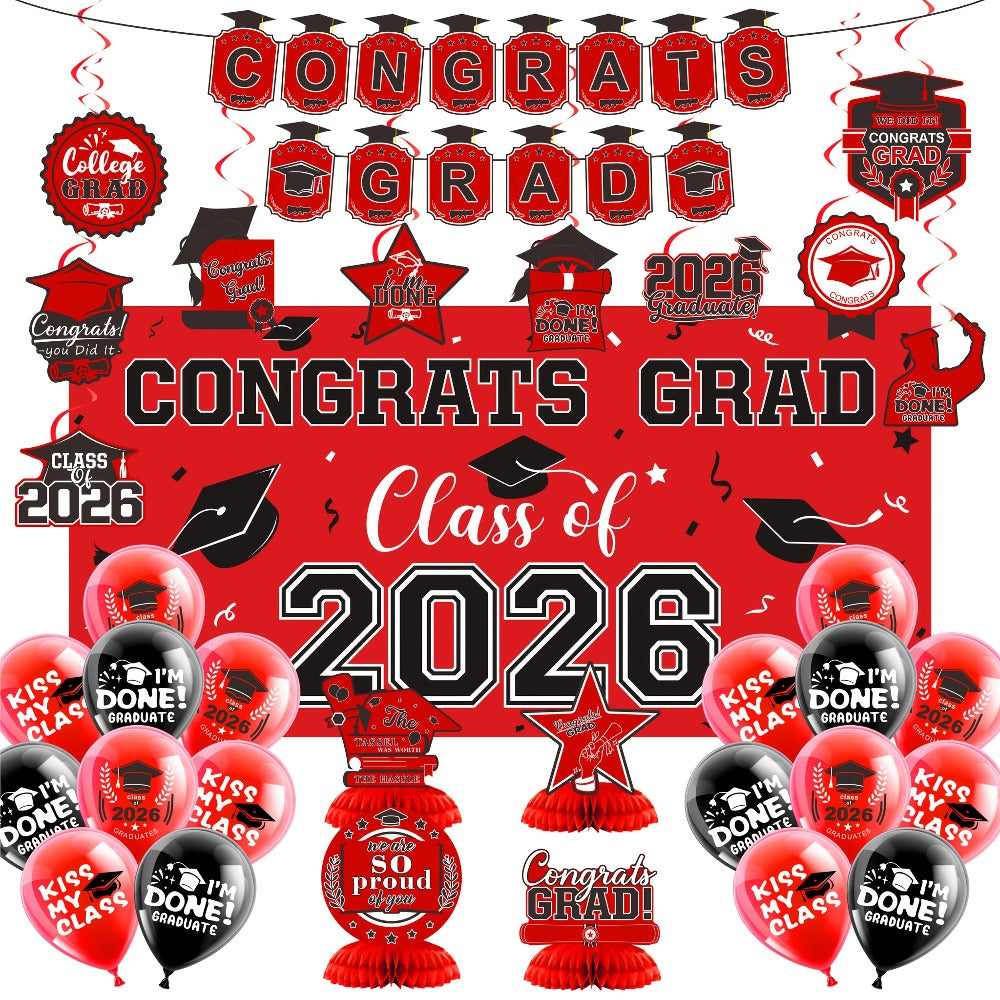 2026 Graduation Decorations Set ¨C Congrats Grad Banner, Backdrop, Hanging Swirls & Honeycomb Table Toppers, Class of 2026 Party Supplies Kit