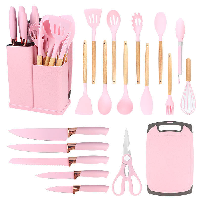 19-Piece Non-Stick Silicone Cookware Set with Bamboo Storage, Knives & Wooden Handle ¨C Pots, Pans & Utensils for Induction & Oven