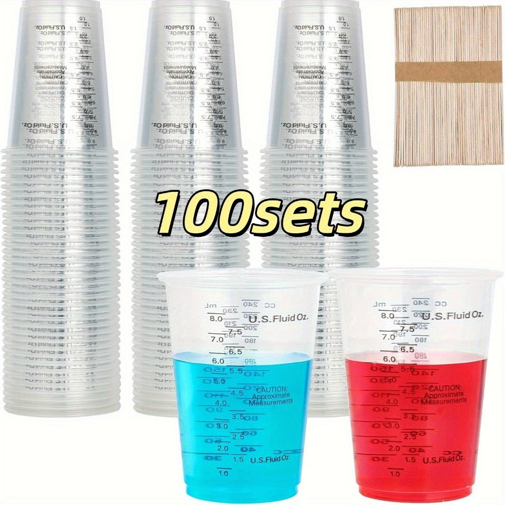 Plastic Measuring Cups with Wooden Sticks 100 Sets Clear Graduated Mixing Cups oz/ml/cc for Resin, Cooking, Baking & Epoxy ¨C Disposable Paint Mixing Cups