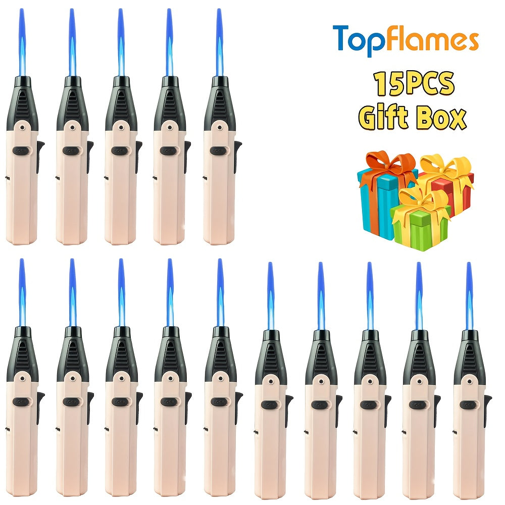 Torch Lighter Set Windproof Jet Flame with Safety Lock & Adjustable Flame - 10/15pcs Long Igniter for Candles, Grill, BBQ & Fireworks | Gift Box | 5 Colors