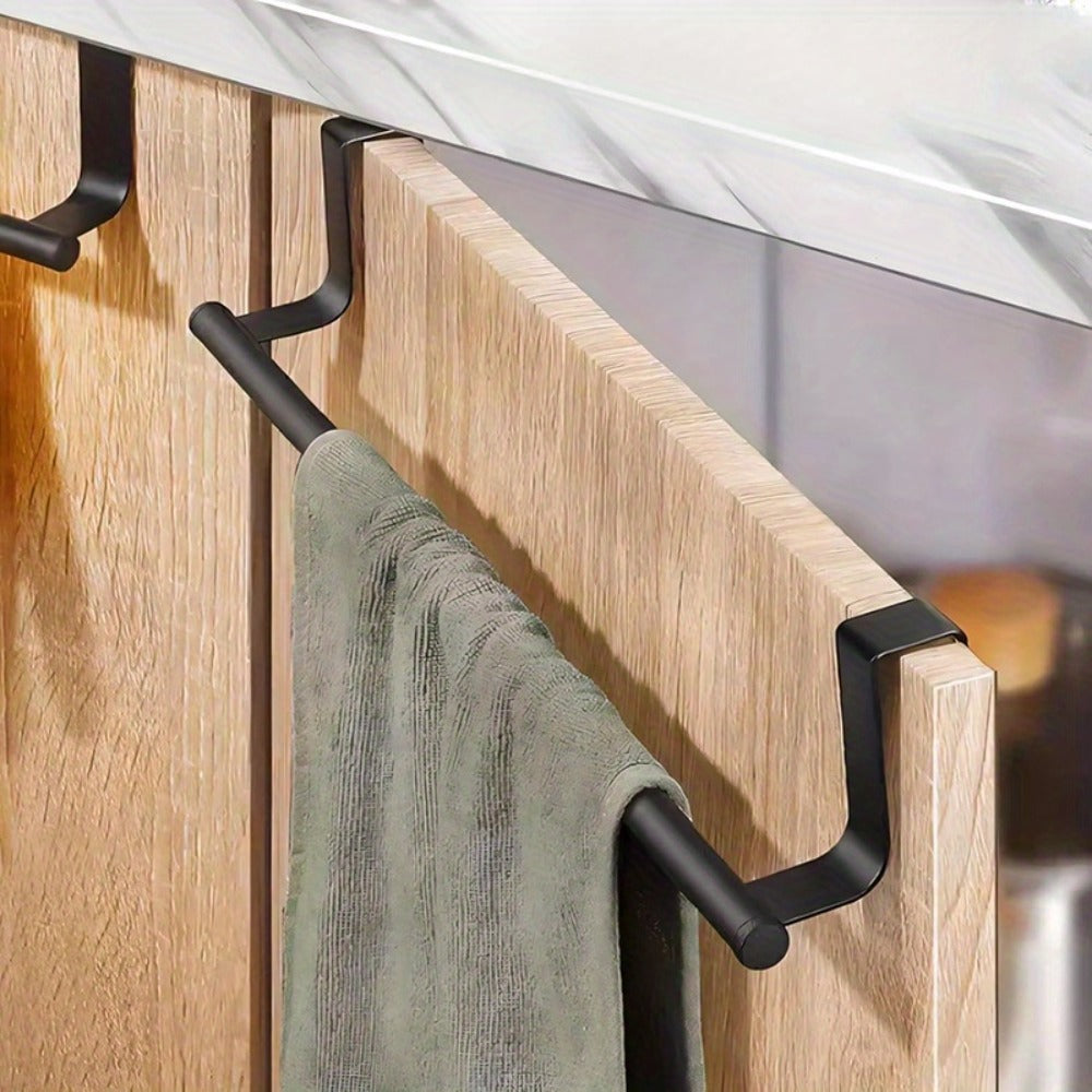Cabinet Door Towel Bar Stainless Steel 2pcs Set - Over the Door Hand Towel Hanger Rack No Drilling | Black Silver | Kitchen Bathroom Cupboard Dishcloth Organizer Bathroom Accessories