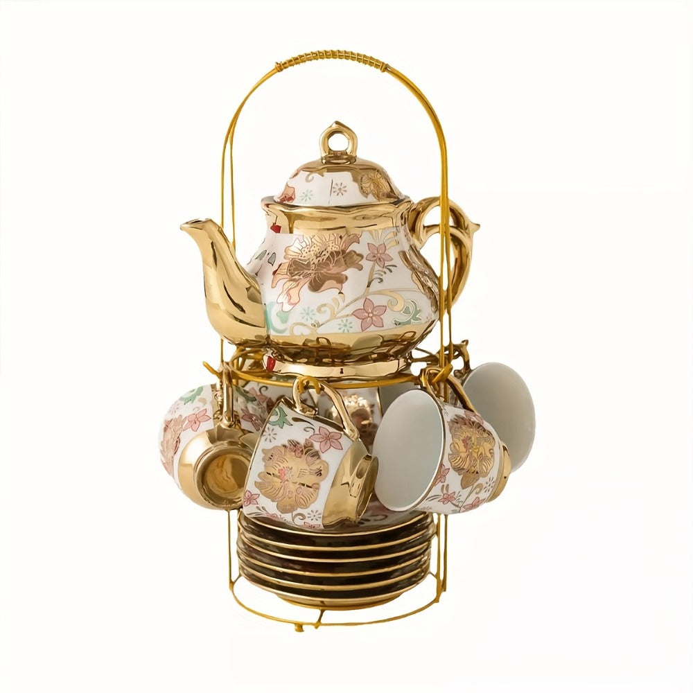 European Floral Ceramic Tea Set 20 Pcs ¨C Italian Style Afternoon Tea Set with Metal Stand ¨C Blooming Pattern Teapot & Cups ¨C Elegant Gift for Tea Lovers & Special Occasions ¨C Golden