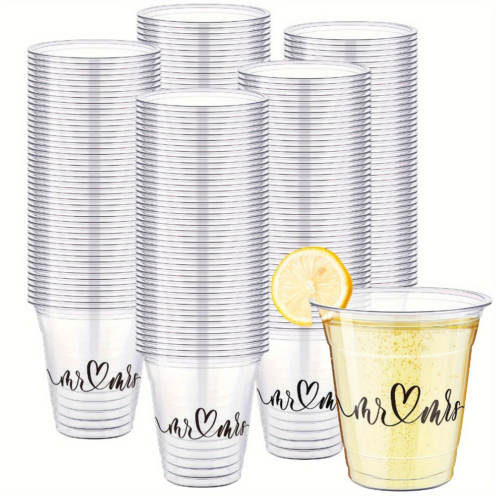 Disposable Wedding Cups 200 Pack 10oz Clear Plastic Glasses Bulk for Wedding Reception Supplies Bridal Shower Anniversary Birthday Party Mr and Mrs