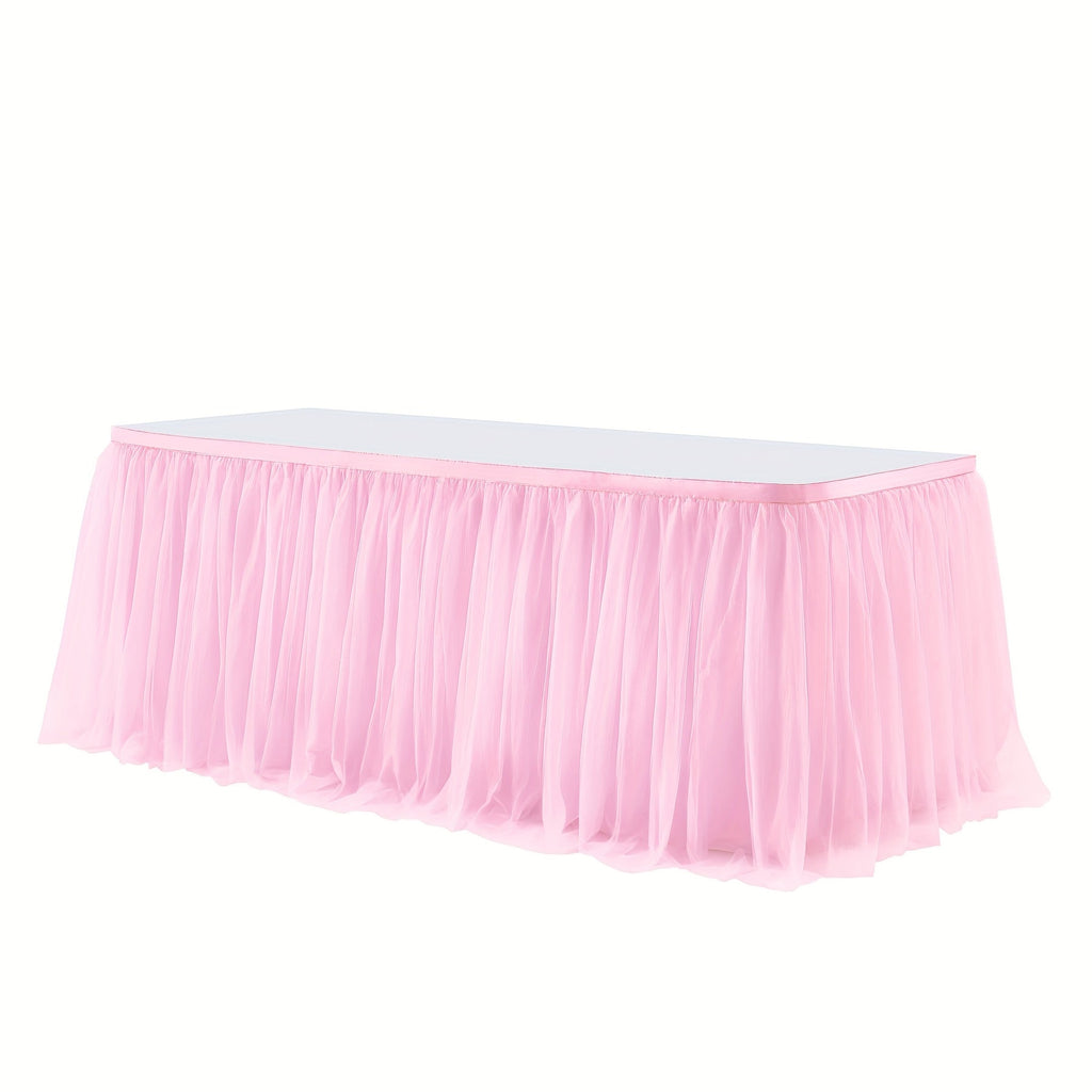 Pink Tutu Table Skirt 6ft ¨C Ruffle Tulle Table Skirt for Rectangle & Round Tables, Princess Girls Birthday Party, Cake Dessert Table Decor, Gold Brim, Multiple Colors Available