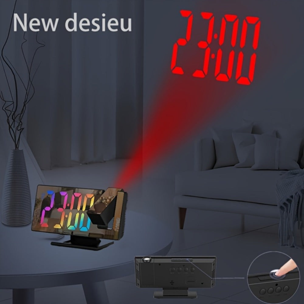 Digital Alarm Clock with LED Mirror Screen Projection Clock for Ceiling Wall Temperature Date Display Bedroom Desk Clock Large Display Home Office Bedside Clock Black
