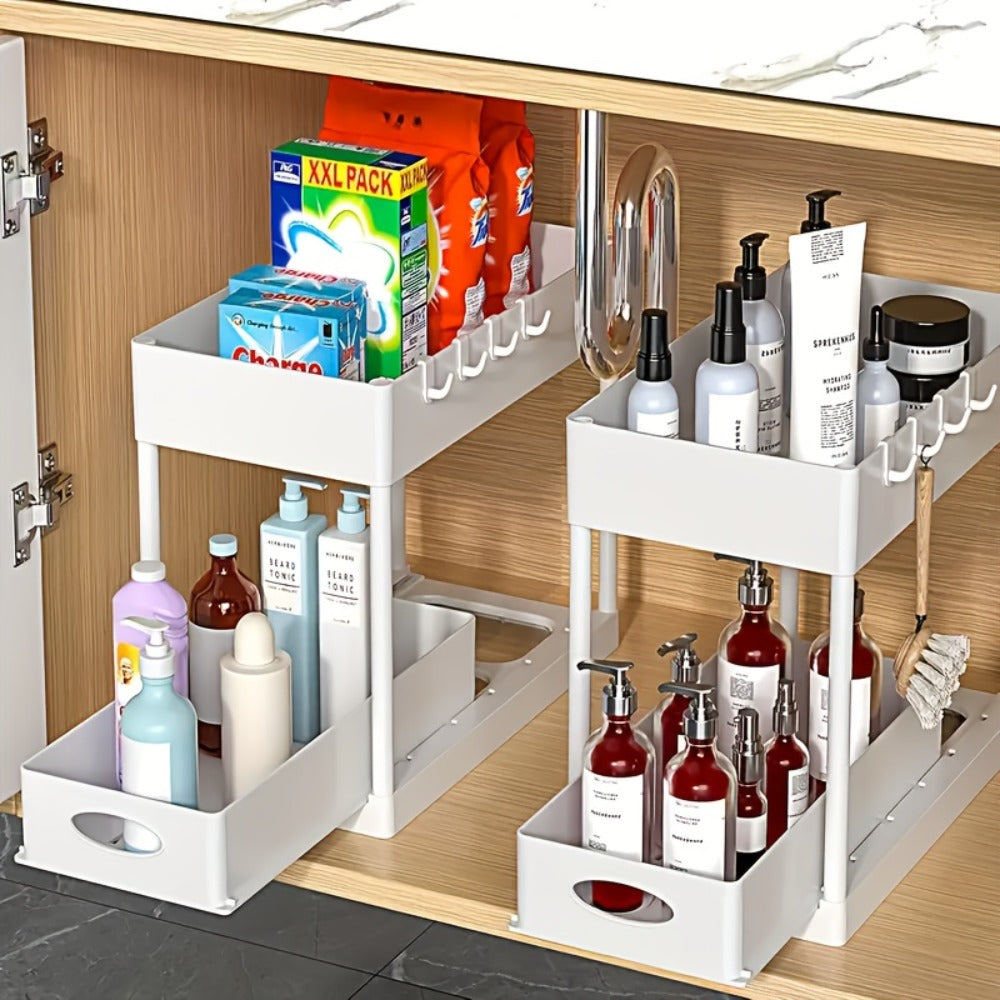 Under Sink Organizer 2pcs Double Tier Sliding Storage Basket with 8 Hooks ¨C Kitchen Bathroom Cabinet Rack Shelf