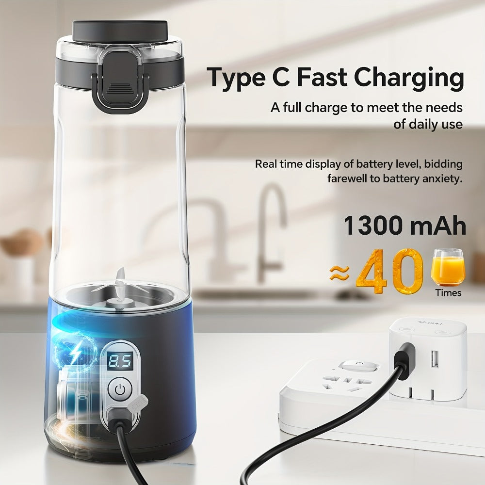 Portable Smoothie Blender USB-C Fast Charge 6-Blade Stainless Steel ¨C Digital Timer Battery Display High-Speed Ice Crush No-Spill Lid | Protein Shake Gym Travel Blender in Black Pink White