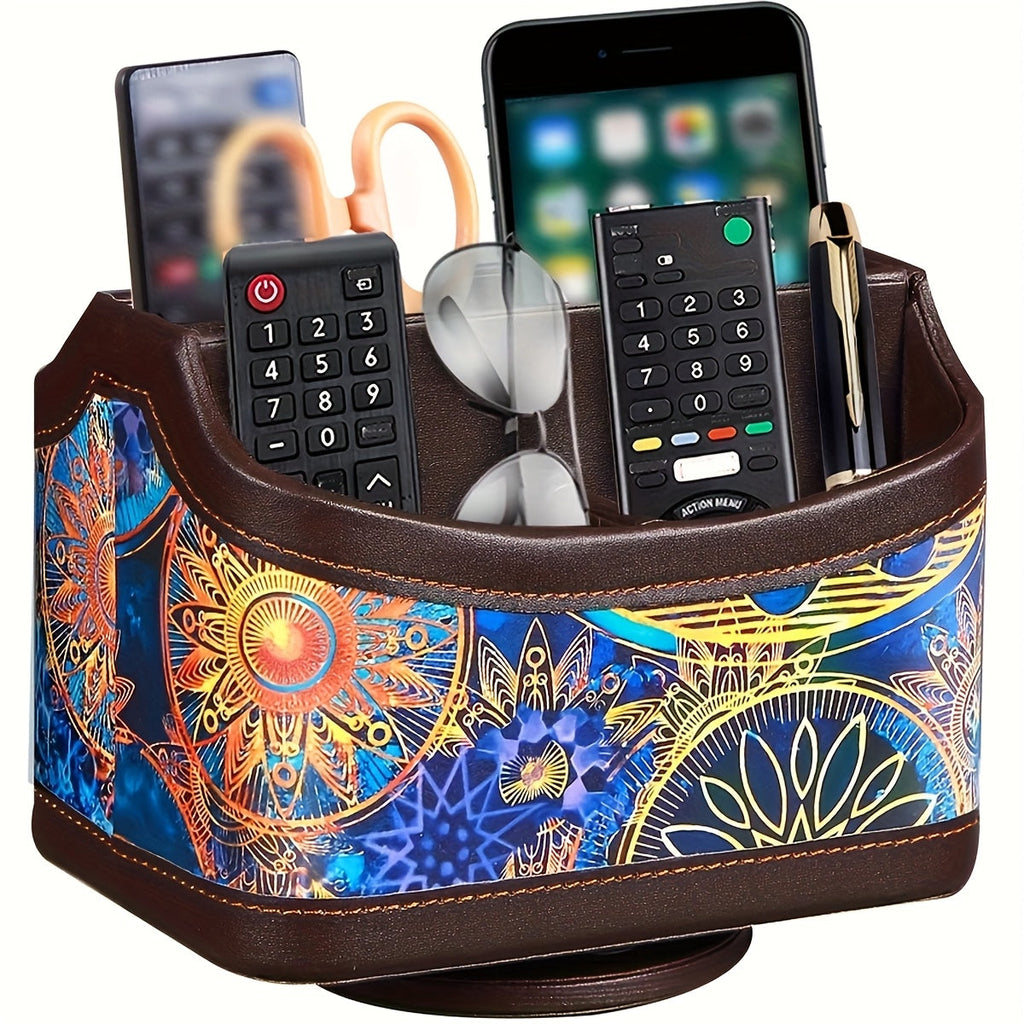 360¡ã Swivel Remote Control Holder with 5 Compartments ¨C PU Leather Desktop Organizer Caddy for TV Remotes, Phones, Glasses, Cosmetics & Stationery, Rotating Storage Box for Home Office Nightstand